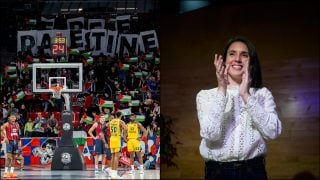 Irene Montero a un lado y al otro la protesta pro Palestina en el Buesa Arena del pasado mes de febrero. (EP)