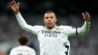 Mbappé celebra un gol en el Bernabéu. (Getty)