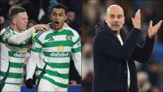 Jugadores del Celtic celebran un gol / Pep Guardiola aplaudiendo. (Getty)