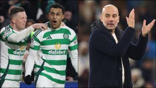 Jugadores del Celtic celebran un gol / Pep Guardiola aplaudiendo. (Getty)