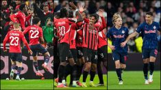 Los jugadores de Lille, Milan y Salzburgo celebrando sus goles contra el Real Madrid. (EP)