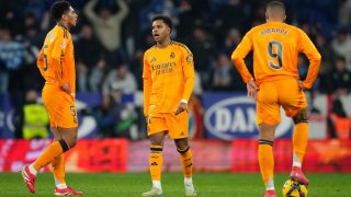 Mbappé, Rodrygo y Bellingham abatidos por el gol del Espanyol. (Getty)