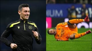 Muñiz Ruiz a la izquierda y Mbappé a la derecha doliéndose. (Getty)