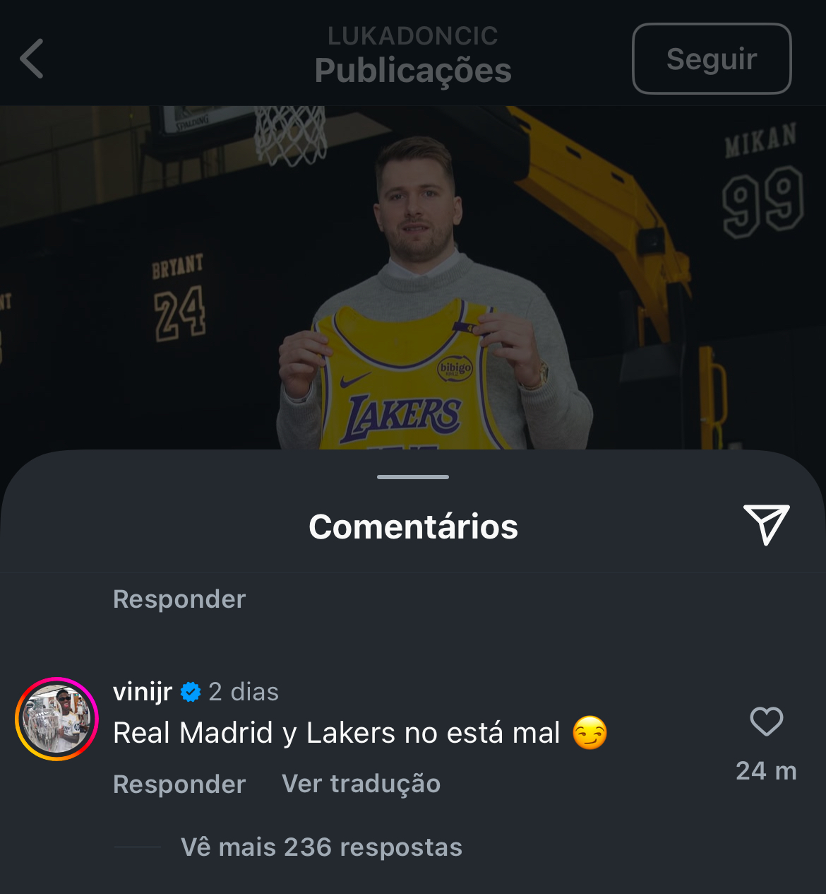 La reacción de Vinicius después de que Doncic se vistiera de Laker.