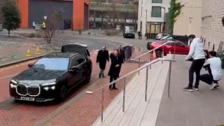 Florentino Pérez a su llegada al hotel en Mánchester.