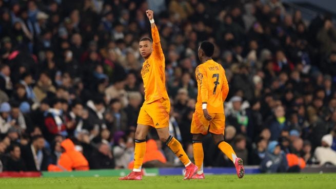 Mbappé celebra su gol con el Real Madrid ante el City. (GETTY)