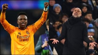 Vinicius celebra la victoria y Guardiola se lamenta durante el City-Real Madrid.