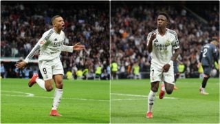 Mbappé y Vinicius celebran sus goles ante el Rayo Vallecano. (Getty)