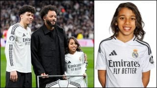 Marcelo con sus hijos en el Bernabéu y la foto oficial del pequeño Liam con el Real Madrid.