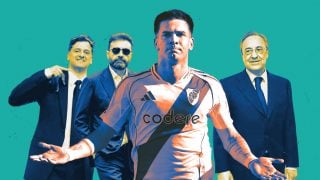 Mastantuono, José Ángel Sánchez, Florentino Pérez y Juni Calafat.