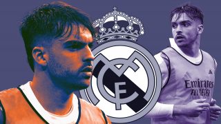 Asencio y el escudo del Real Madrid.
