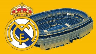 El escudo del Real Madrid y el MetLife Stadium.