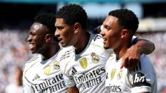 Vinicius, Bellingham y Arnold celebran uno de los goles del Madrid ante el Dortmund. (Getty)