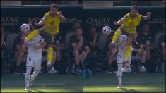 Yan Couto impacta con su pierna en la cabeza de Fran García. (DAZN)