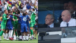 El Chelsea celebra su título a la izquierda y Florentino junto a Infantino a la derecha. (Getty)