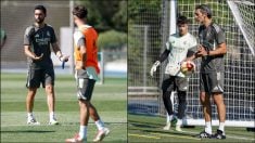 Arbeloa a la izquierda en el entrenamiento del Castilla y Diego López a la derecha. (Realmadrid.com)