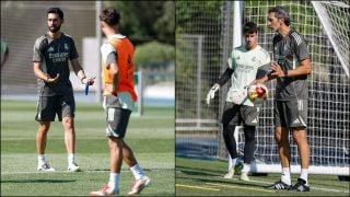 Arbeloa a la izquierda en el entrenamiento del Castilla y Diego López a la derecha. (Realmadrid.com)
