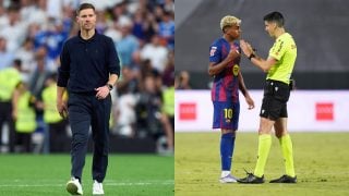 Xabi Alonso, Lamine Yamal y el árbitro Busquets Ferrer. (Getty)