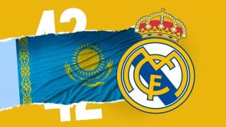 El escudo del Real Madrid y la bandera de Kazajistán.