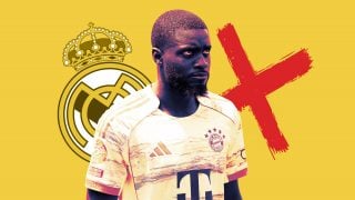 Upamecano y el escudo del Real Madrid.