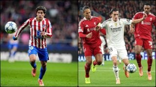 Giuliano, durante el Atlético-Saint Gillois, y Carreras peleando por un balón con dos jugadores del Liverpool en Anfield.