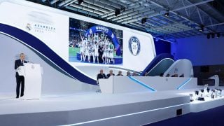 Florentino Pérez durante una asamblea de socios. (Realmadrid.com)