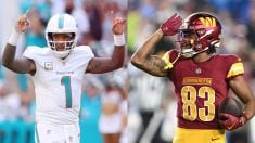 Tua Tagovailoa (Miami Dolphins) y Jaylin Lane (Washington Commanders) durante sus partidos ante Bills y Lions antes de visitar el Bernabéu.