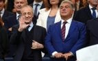 Florentino Pérez y Joan Laporta en el palco del Santiago Bernabéu durante el Real Madrid-FC Barcelona (Getty Images)