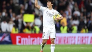 Gonzalo García festeja su triplete con el Real Madrid. (Getty)