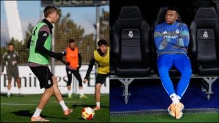 Huijsen entrenando a la izquierda y Mbappé en el banquillo a la derecha. (Realmadrid.com/Getty)