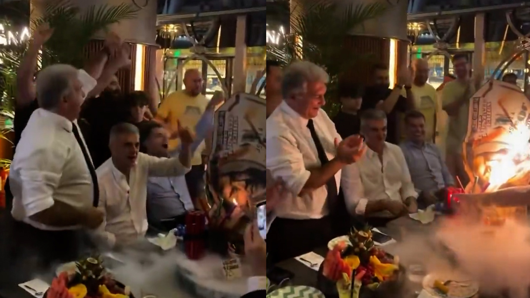 Laporta desatado en Arabia: a gritos con una tarta gigante, puño en alto y el himno del Barça