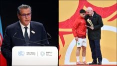 Aziz Ajanuch y Brahim Díaz recogiendo el premio de máximo goleador de la Copa África.