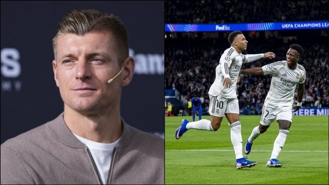 Toni Kroos y Mbappé celebrando un gol con Vinicius. (Europa Press)