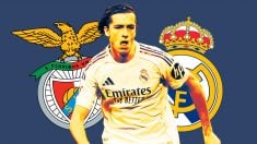 Alvaro Carreras y los escudos de Benfica y Real Madrid.