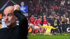 Pep Guardiola y Trubin celebrando el gol del Benfica.