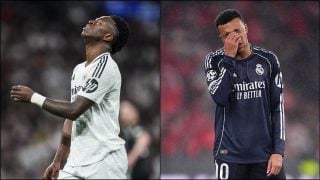 Vinicius y Mbappé se lamentan de una ocasión con el Real Madrid.