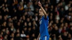Álvaro Carreras celebra su gol en Mestalla. (EFE)