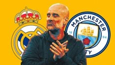 Guardiola y los escudos de Real Madrid y City.