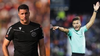 Isidro Díaz de Mera Escuderos y Juan Luis Pulido Santana, árbitros del Celta-Real Madrid. (Getty)