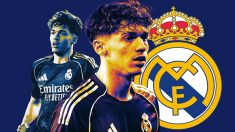 Thiago Pitarch y el escudo del Real Madrid.