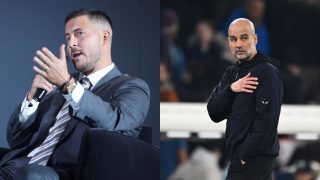 Eden Hazard y Pep Guardiola. (Getty)