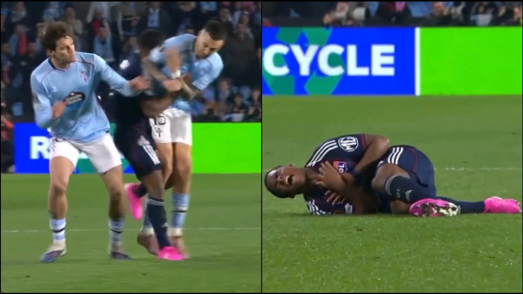 Duele sólo con verlo: dos jugadores del Celta embisten a Endrick en el partido ante el Lyon