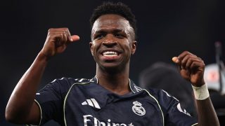 Vinicius Junior celebrando un gol en el Manchester City-Real Madrid. (Getty)