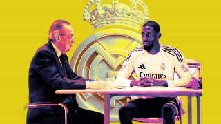 Montaje de Rüdiger junto a Florentino Pérez sentados en una mesa.