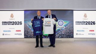 Florentino Pérez junto a Giuseppe Marotta, presidente del Inter, durante la presentación del Corazón Classic Match 2026. (realmadrid.com)