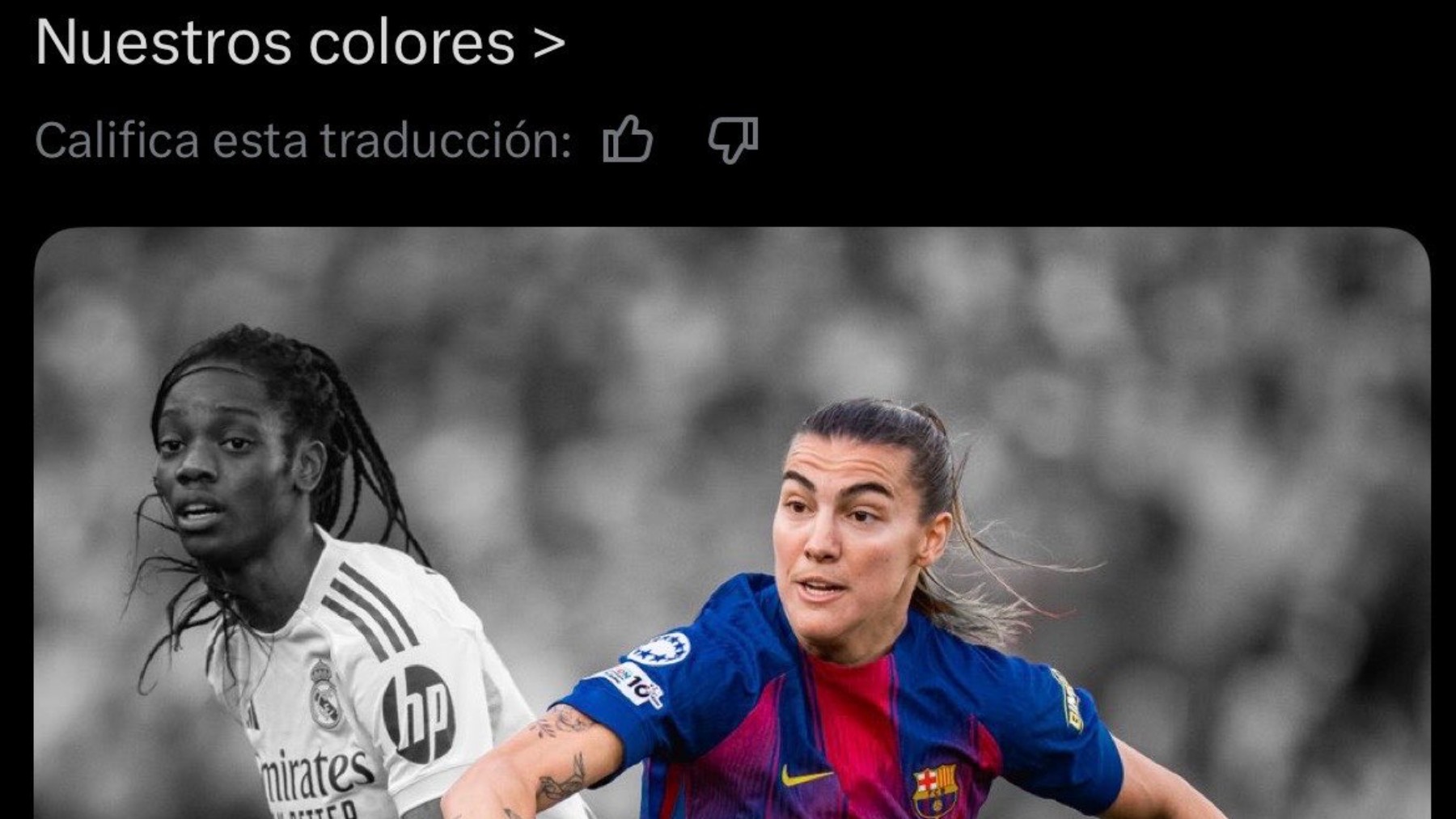 El Barça acusado de racista al tapar a una jugadora de raza negra del Madrid con el mensaje nuestros colores