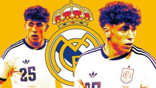 Víctor Muñoz y el escudo del Real Madrid.