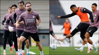 Carvajal y Mbappé en el entrenamiento de este miércoles.