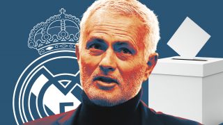 Mourinho y el escudo del Real Madrid.