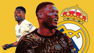 Dumfries y el escudo del Real Madrid.